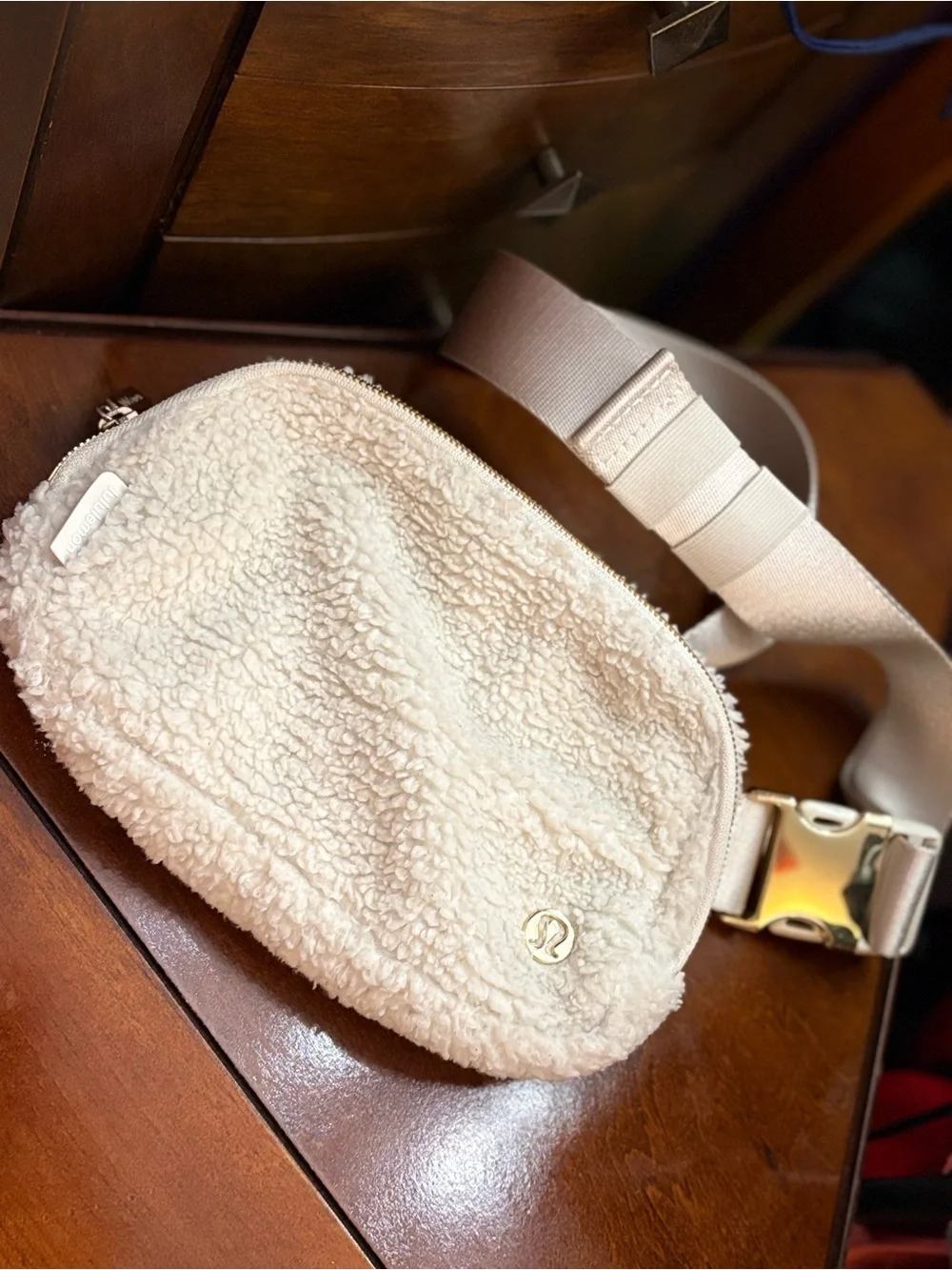 lululemon athletica Cream Sherpa Crossbody Belt Bag with Gold Accent